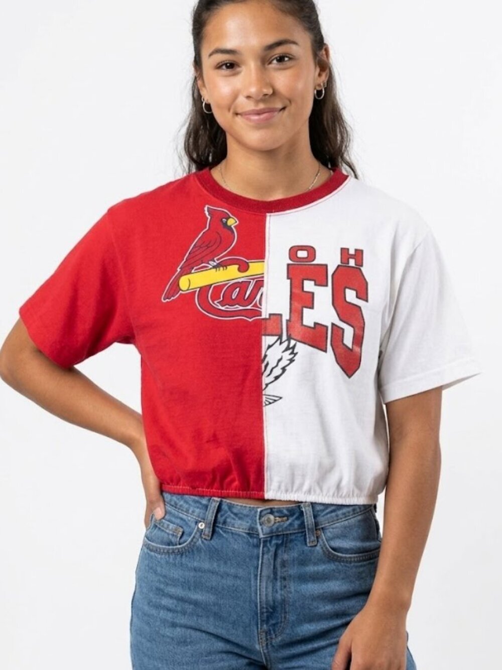 Goat Vintage Split-Design Red & White Majestic St. Louis Cardinals Cropped Top